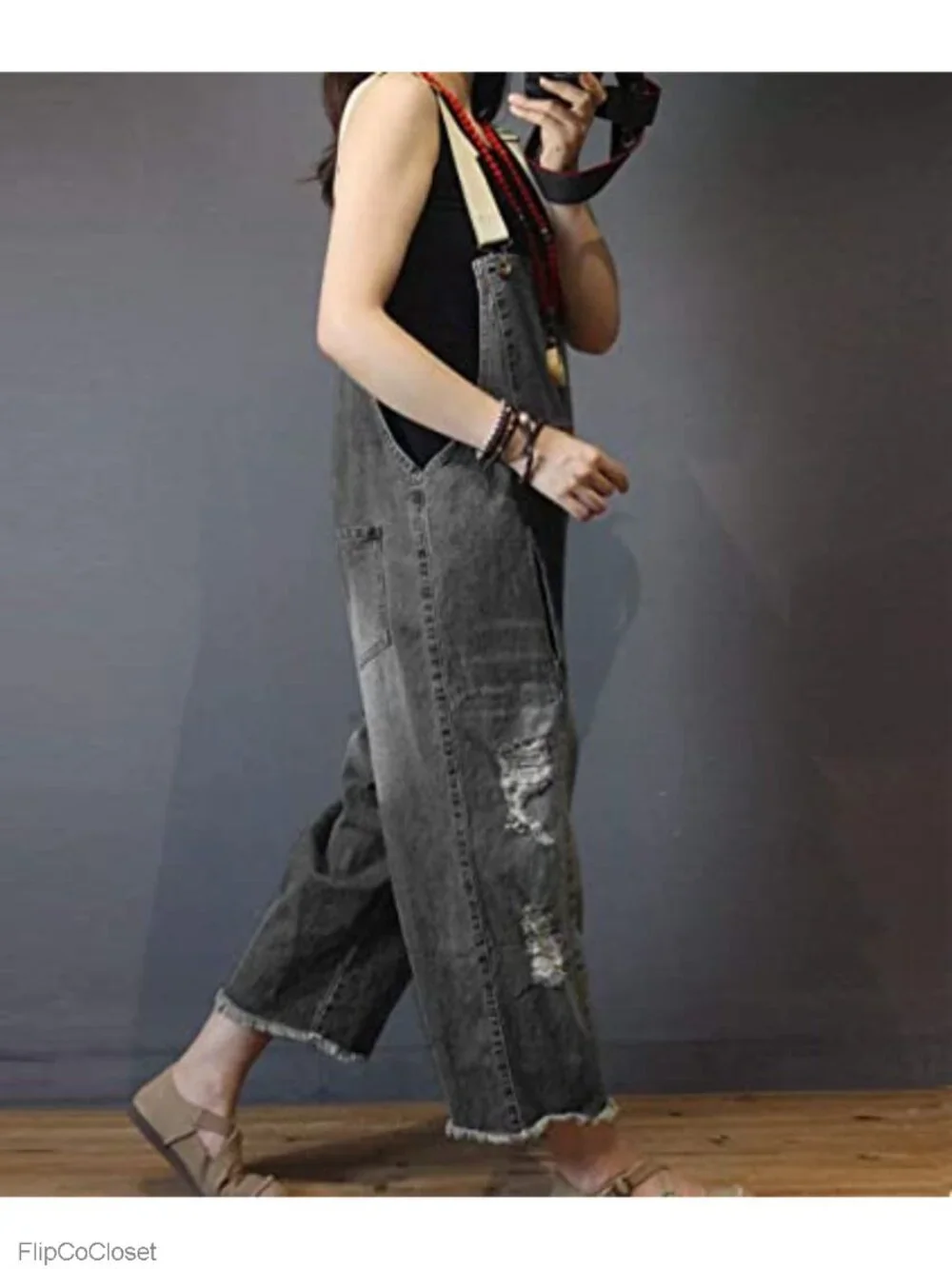 Women's Distressed Ripped Fringed Denim Overalls Cropped Loose Fit Jumpsuit